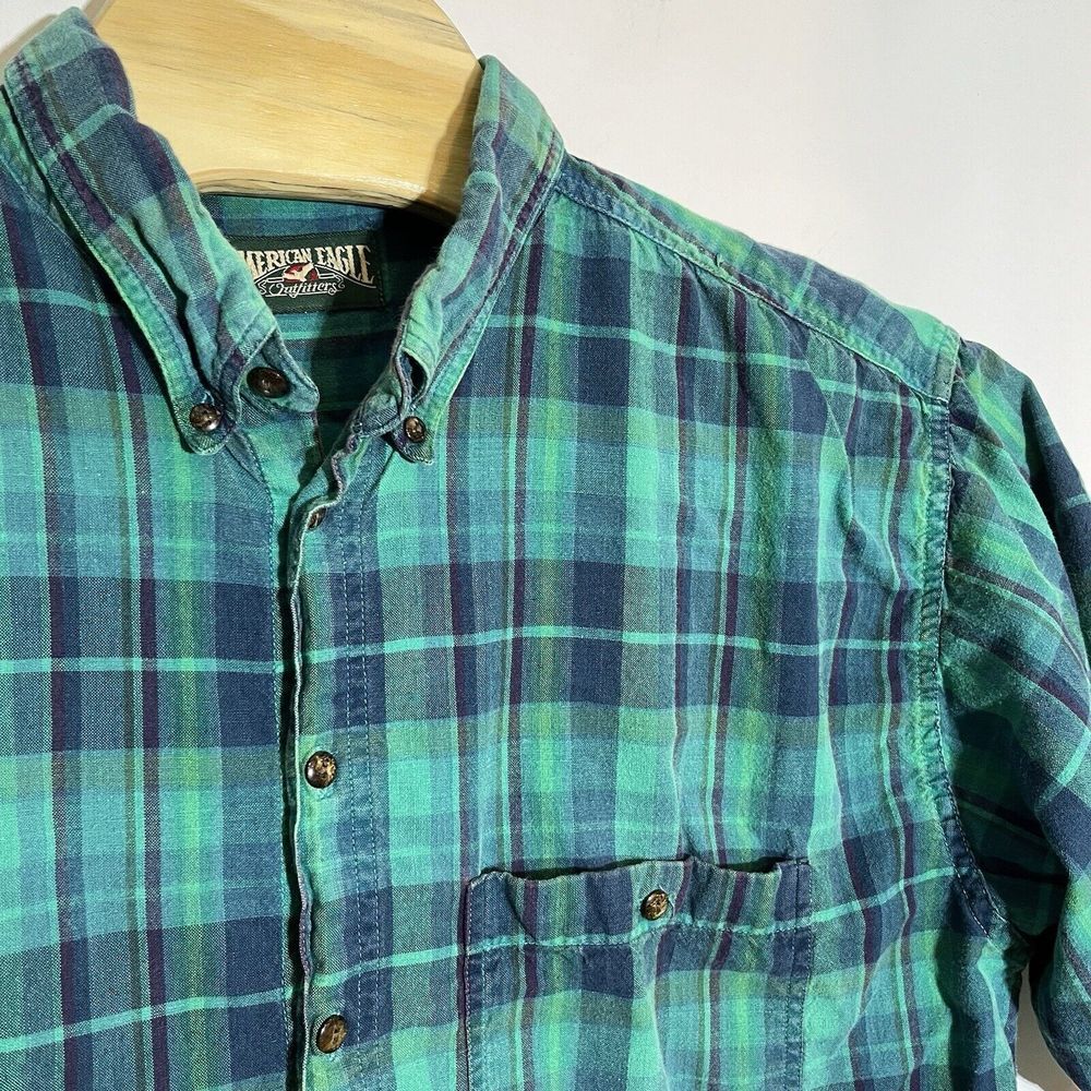 American Eagle Men's L Green Plaid Short Sleeve Button Shirt Camp Y2K Vintage